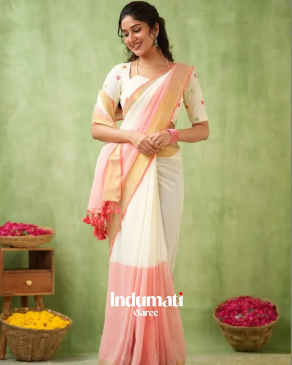 White_&_Peach_Mulmul_Cotton_Saree_with_Golden_Woven_Border_&_Matching_White_Blouse_Piece