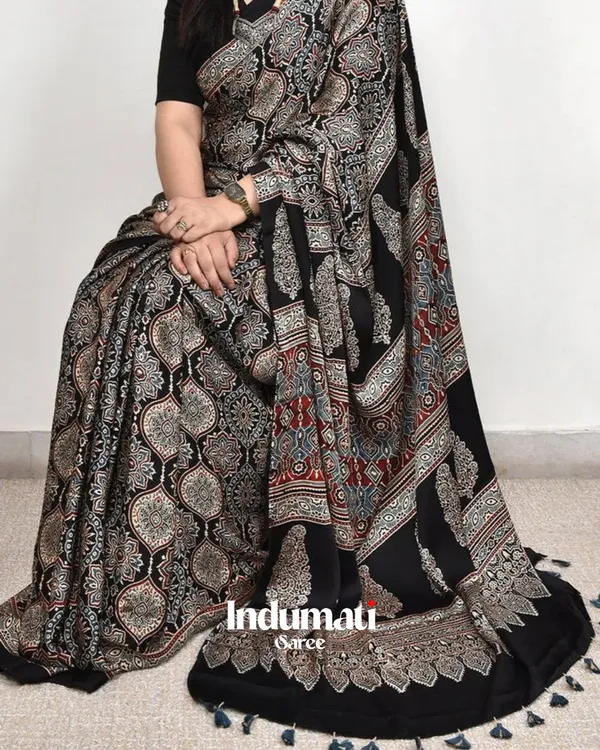 Black_Color_Ajarakh_Printed_Modal_Silk_Saree_with_Blouse_Piece