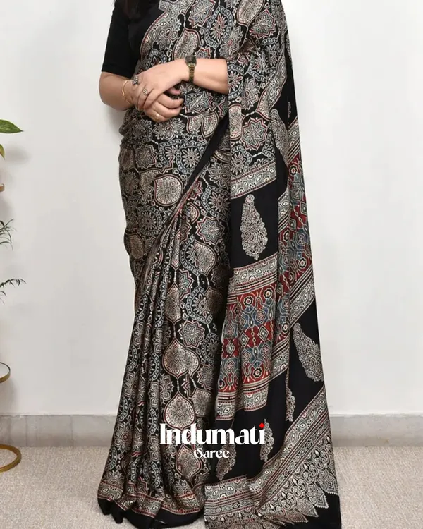 Black_Color_Ajarakh_Printed_Modal_Silk_Saree_with_Blouse_Piece