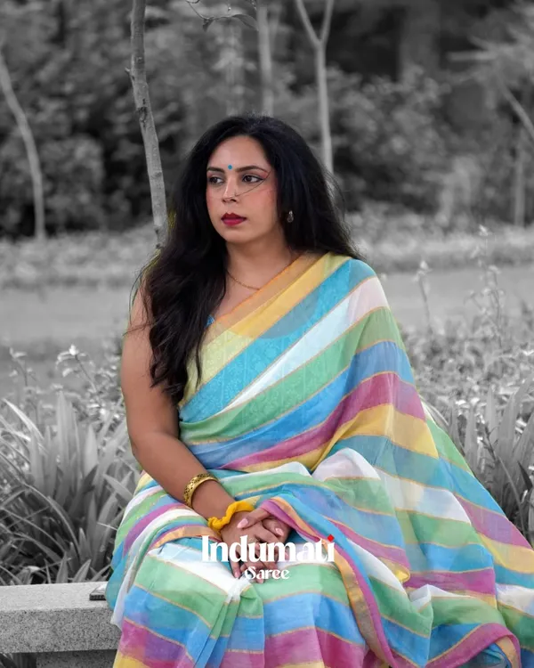 Swarna_Rekha_-_Sunshine_Stripes_Yellow-Blue-Green-White_Linen_Saree_with_Blouse_Piece