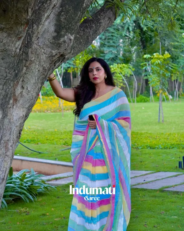 Swarna_Rekha_-_Sunshine_Stripes_Yellow-Blue-Green-White_Linen_Saree_with_Blouse_Piece