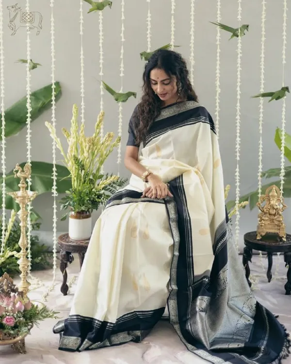 White_And_Black_Color_Just_In_Soft_Banarasi_Silk_Saree_with_Classy_Bloue_Piece