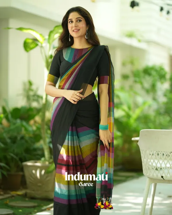 Black_Mulmul_Cotton_Saree_with_Multicolor_Striped_Pallu_&_Matching_Black_Blouse_Piece