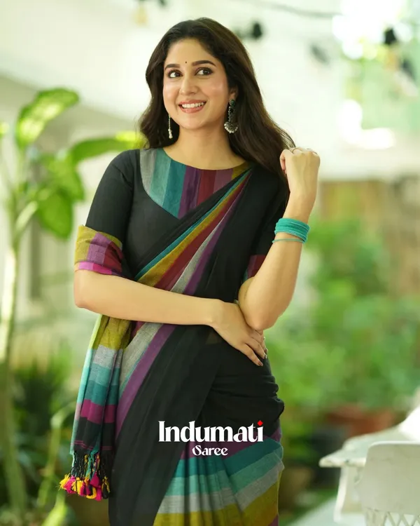 Black_Mulmul_Cotton_Saree_with_Multicolor_Striped_Pallu_&_Matching_Black_Blouse_Piece