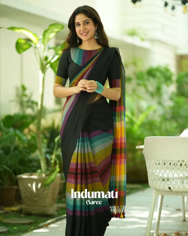 Black_Mulmul_Cotton_Saree_with_Multicolor_Striped_Pallu_&_Matching_Black_Blouse_Piece