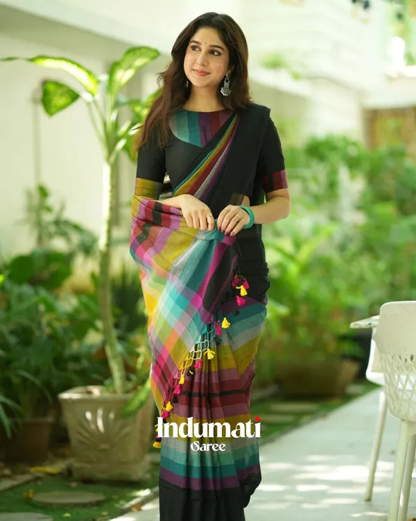 Black_Mulmul_Cotton_Saree_with_Multicolor_Striped_Pallu_&_Matching_Black_Blouse_Piece
