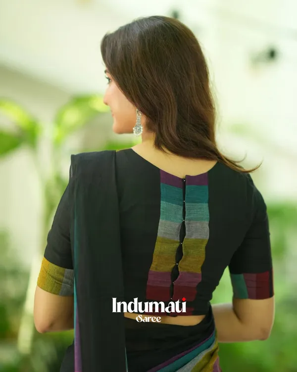 Black_Mulmul_Cotton_Saree_with_Multicolor_Striped_Pallu_&_Matching_Black_Blouse_Piece