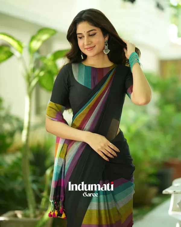 Black_Mulmul_Cotton_Saree_with_Multicolor_Striped_Pallu_&_Matching_Black_Blouse_Piece
