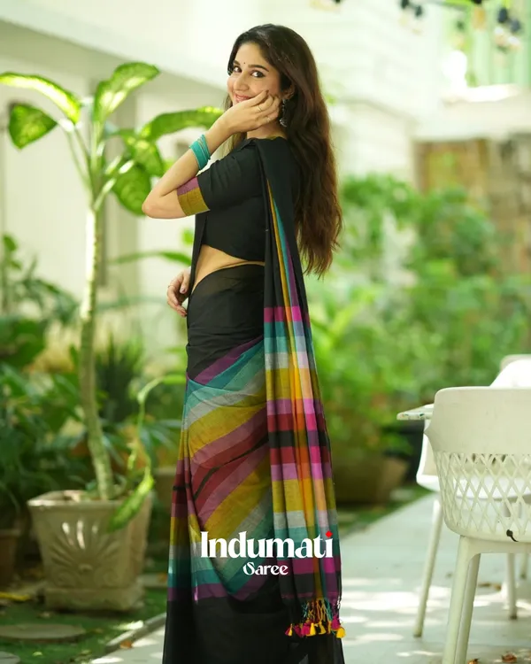 Black_Mulmul_Cotton_Saree_with_Multicolor_Striped_Pallu_&_Matching_Black_Blouse_Piece