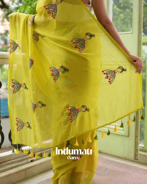 Yellow_Mulmul_Cotton_Saree_with_Cute_Embroidery_Motifs_&_Tassels,_with_Blouse_Piece