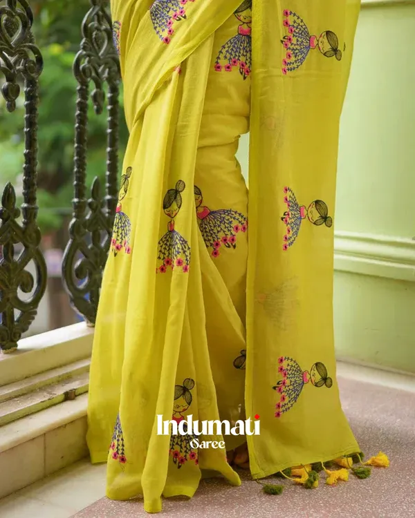 Yellow_Mulmul_Cotton_Saree_with_Cute_Embroidery_Motifs_&_Tassels,_with_Blouse_Piece