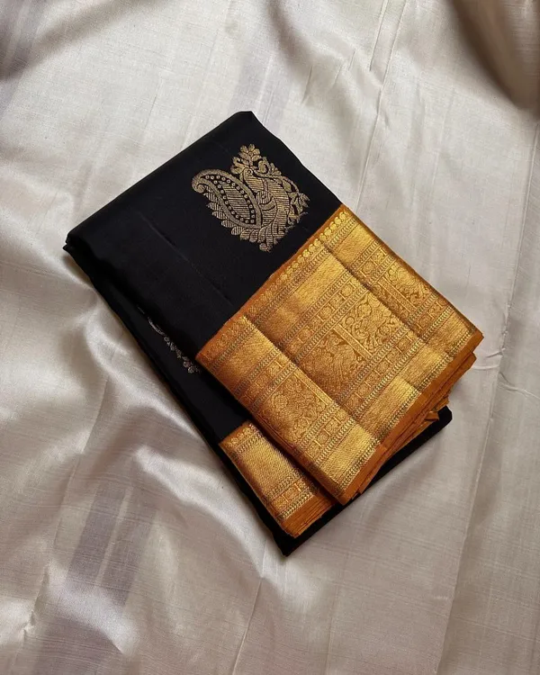 Black_Color_Exclusive_Soft_Banarasi_Silk_Saree_with_Pure_Golden_Zari_Work_&_Classy_Bloue_Piece