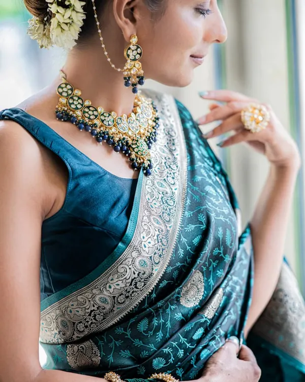 Bottle_Blue_Color_Best_Seller_Soft_Banarasi_Silk_Saree_with_Classy_Bloue_Piece