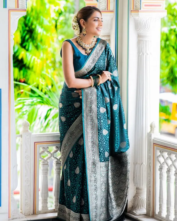 Bottle_Blue_Color_Best_Seller_Soft_Banarasi_Silk_Saree_with_Classy_Bloue_Piece
