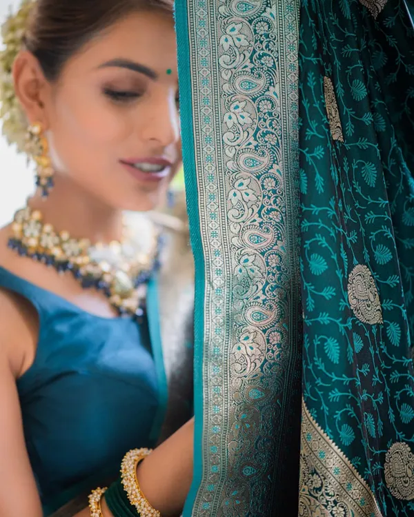 Bottle_Blue_Color_Best_Seller_Soft_Banarasi_Silk_Saree_with_Classy_Bloue_Piece