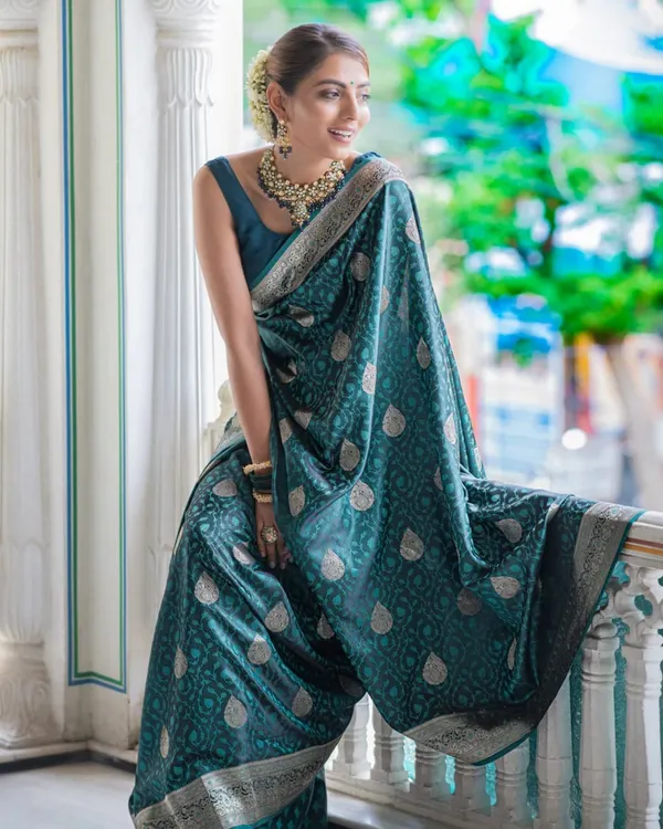 Bottle_Blue_Color_Best_Seller_Soft_Banarasi_Silk_Saree_with_Classy_Bloue_Piece