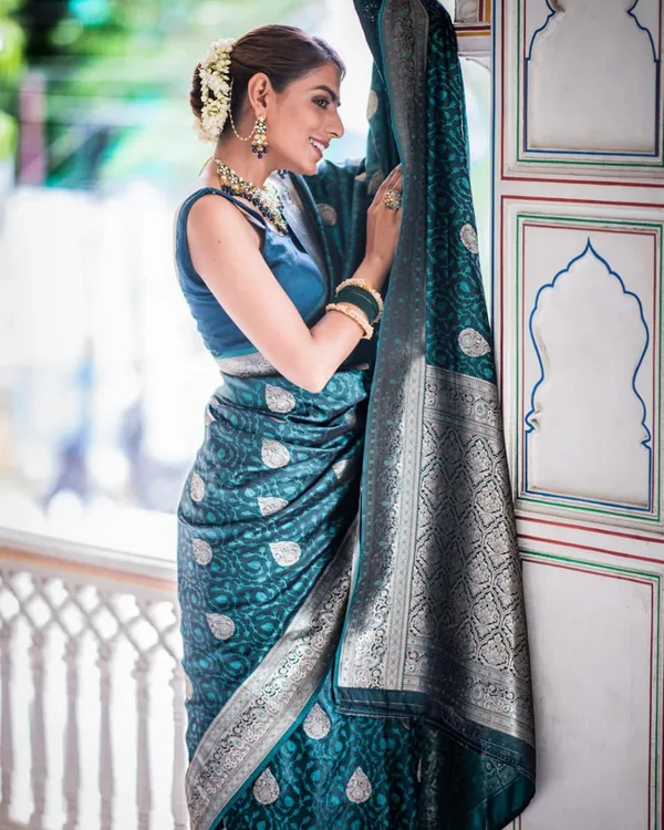 Bottle_Blue_Color_Best_Seller_Soft_Banarasi_Silk_Saree_with_Classy_Bloue_Piece