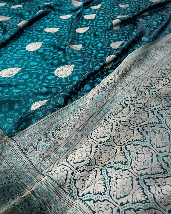 Bottle_Blue_Color_Best_Seller_Soft_Banarasi_Silk_Saree_with_Classy_Bloue_Piece