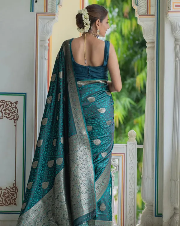 Bottle_Blue_Color_Best_Seller_Soft_Banarasi_Silk_Saree_with_Classy_Bloue_Piece