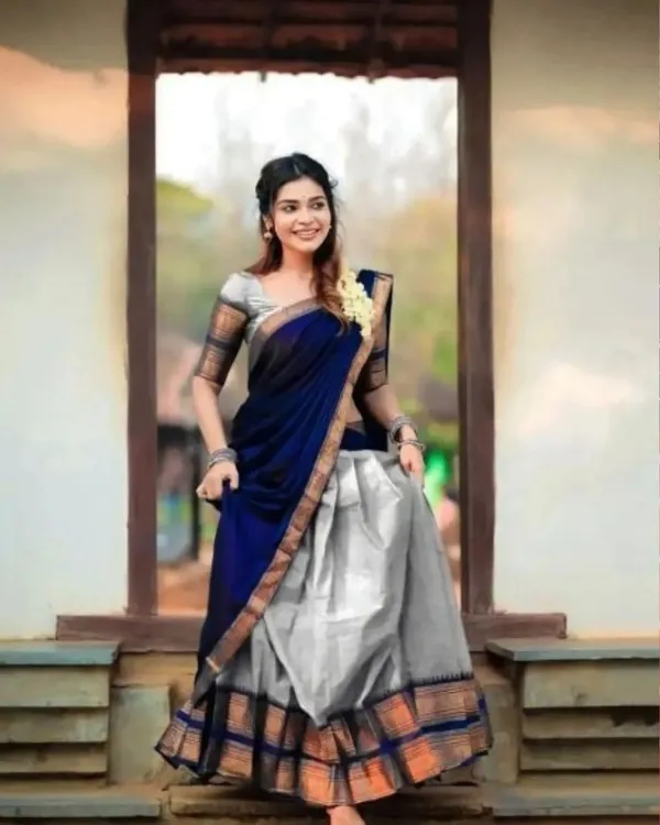 Blue_And_Grey_Color_Kanchipuram_Zari_Weaving_Half_Saree_With_Blouse__Silk_Dupatta