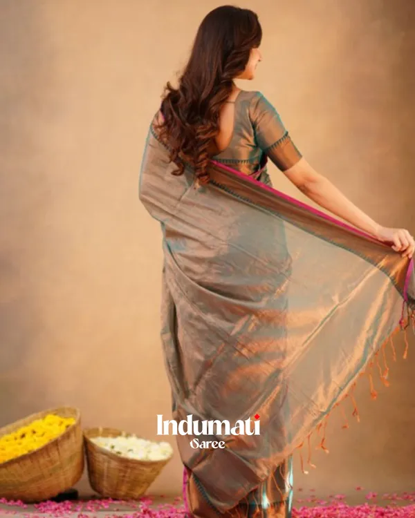 Teal_Grey_Tissue_Cotton_Saree_with_Copper_Border_&_Pink_Piping,_With_Blouse_Piece