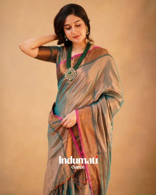 Teal_Grey_Tissue_Cotton_Saree_with_Copper_Border_&_Pink_Piping,_With_Blouse_Piece