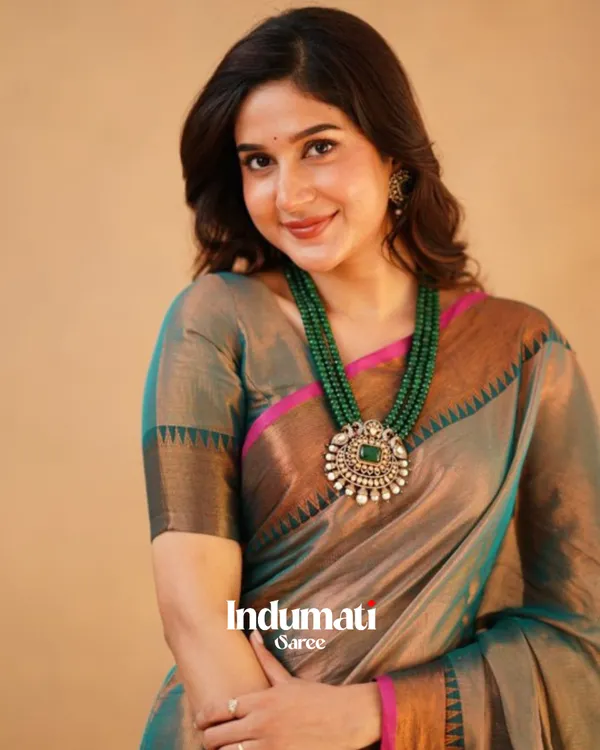 Teal_Grey_Tissue_Cotton_Saree_with_Copper_Border_&_Pink_Piping,_With_Blouse_Piece