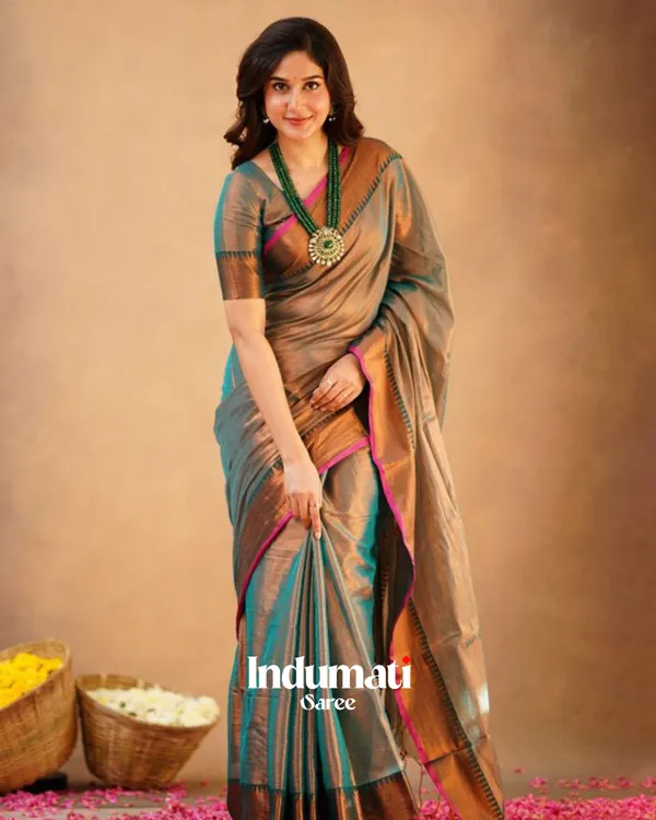 Teal_Grey_Tissue_Cotton_Saree_with_Copper_Border_&_Pink_Piping,_With_Blouse_Piece