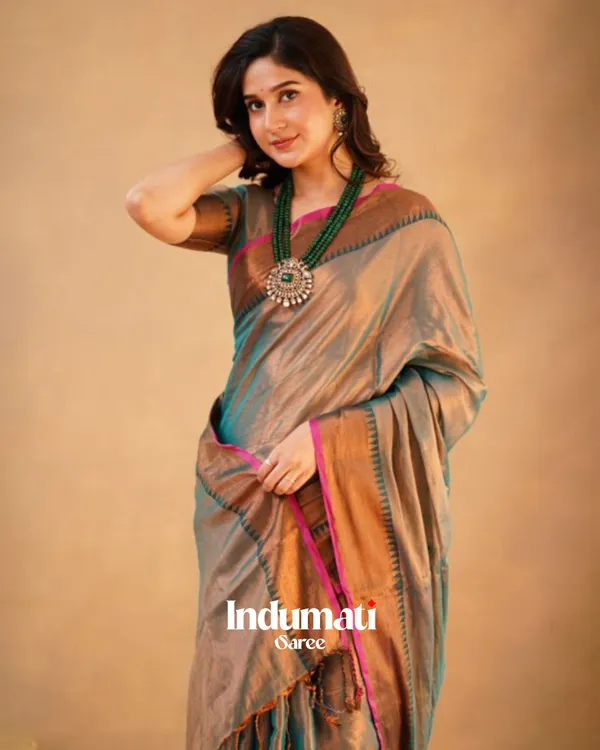 Teal_Grey_Tissue_Cotton_Saree_with_Copper_Border_&_Pink_Piping,_With_Blouse_Piece