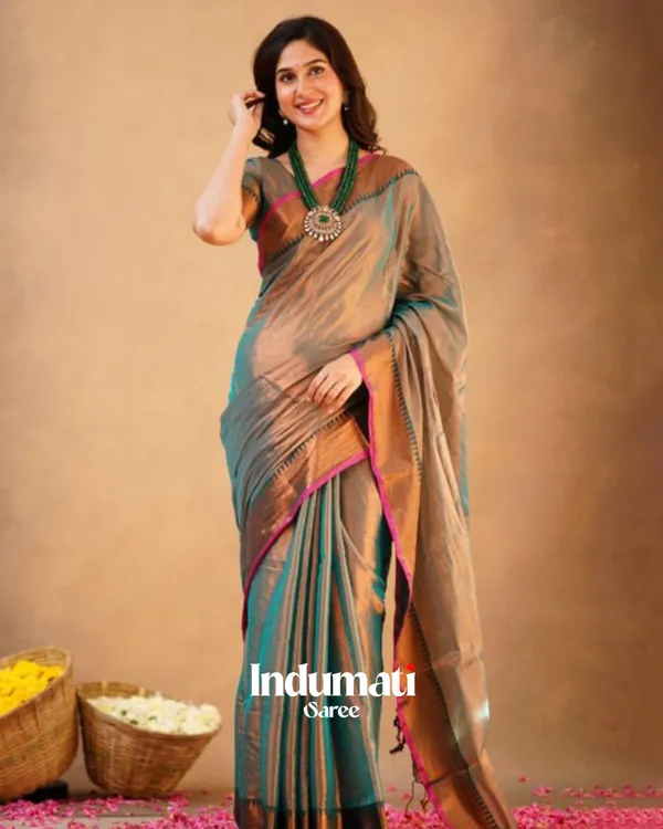 Teal_Grey_Tissue_Cotton_Saree_with_Copper_Border_&_Pink_Piping,_With_Blouse_Piece