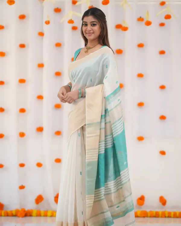 White_Color_Recent_Drop_Soft_Banarasi_Silk_Saree_with_Classy_Bottle_Blue_colorBlouse_Piece