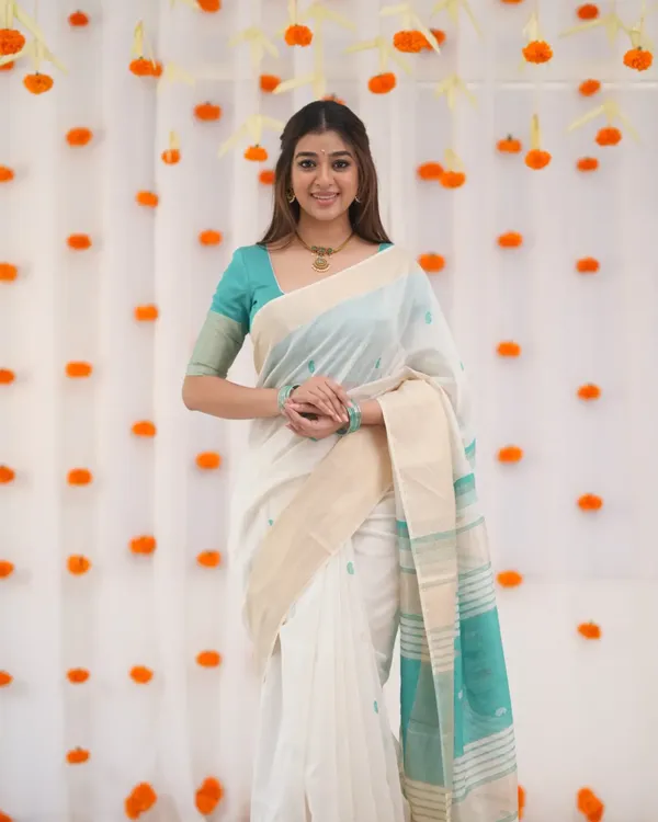 White_Color_Recent_Drop_Soft_Banarasi_Silk_Saree_with_Classy_Bottle_Blue_colorBlouse_Piece