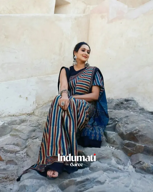 Blue_Lining_Ajrakh_Printed_Modal_Silk_Saree_with_Blouse_Piece