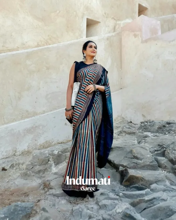 Blue_Lining_Ajrakh_Printed_Modal_Silk_Saree_with_Blouse_Piece