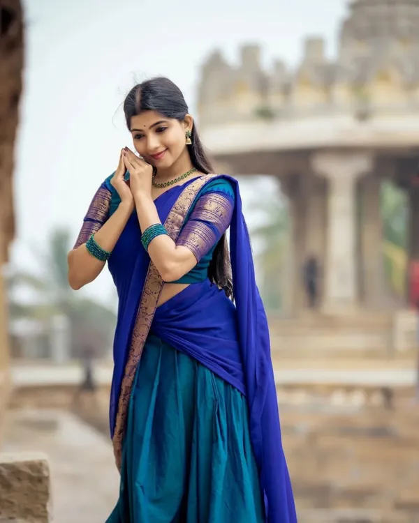 Blue_And_Bottle_Blue_Color_Kanchipuram_Zari_Weaving_Half_Saree_With_Blouse__Silk_Dupatta