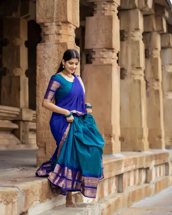 Blue_And_Bottle_Blue_Color_Kanchipuram_Zari_Weaving_Half_Saree_With_Blouse__Silk_Dupatta