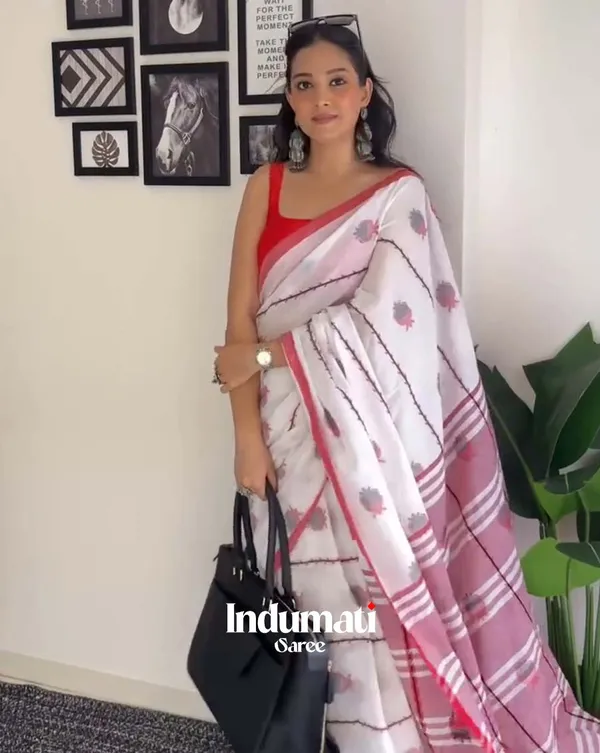 Chandni_Laal_-_White_Saree_with_Red_Border_and_Red_Blouse