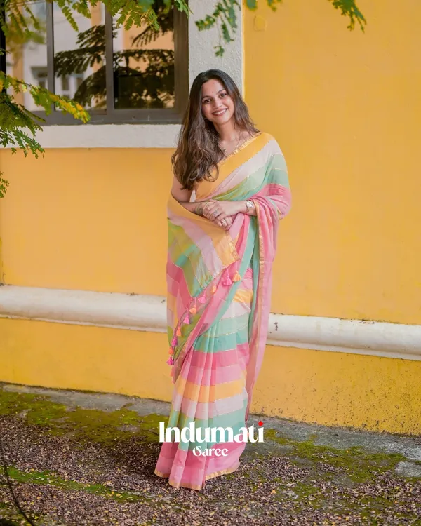 Sunlit_Bloom_-_Yellow,_Green_&_Pink_Stripe_Linen_Saree_with_Blouse_Piece