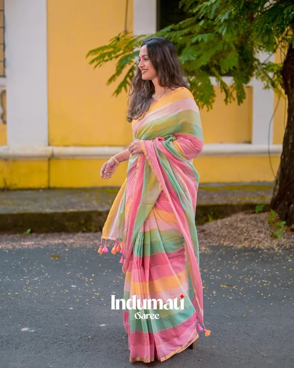 Sunlit_Bloom_-_Yellow,_Green_&_Pink_Stripe_Linen_Saree_with_Blouse_Piece