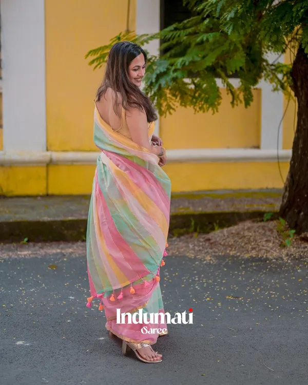 Sunlit_Bloom_-_Yellow,_Green_&_Pink_Stripe_Linen_Saree_with_Blouse_Piece