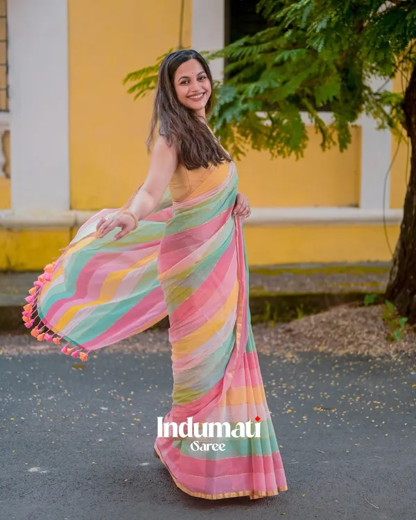 Sunlit_Bloom_-_Yellow,_Green_&_Pink_Stripe_Linen_Saree_with_Blouse_Piece