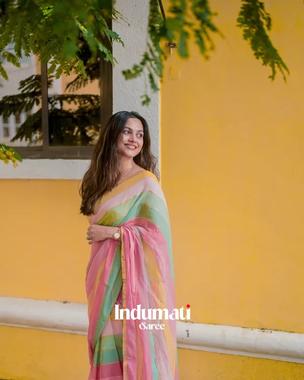 Sunlit_Bloom_-_Yellow,_Green_&_Pink_Stripe_Linen_Saree_with_Blouse_Piece