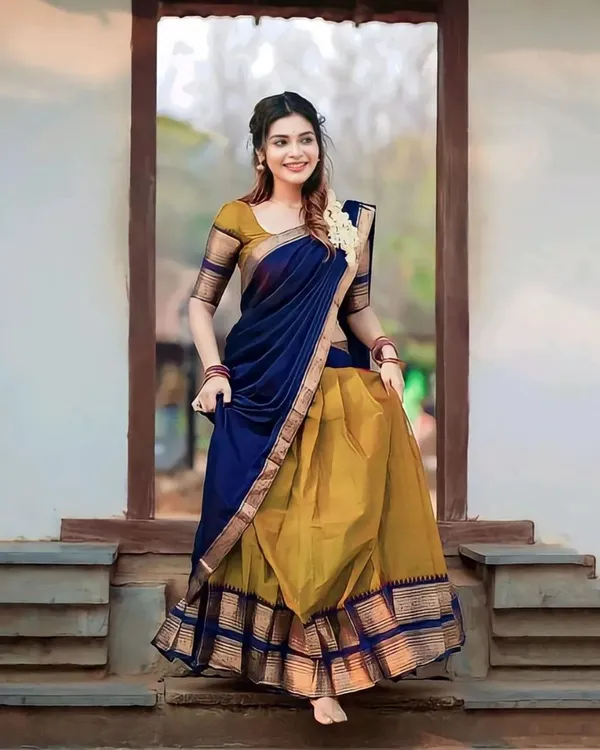 Blue_And_Golden__Color_Kanchipuram_Zari_Weaving_Half_Saree_With_Blouse__Silk_Dupatta
