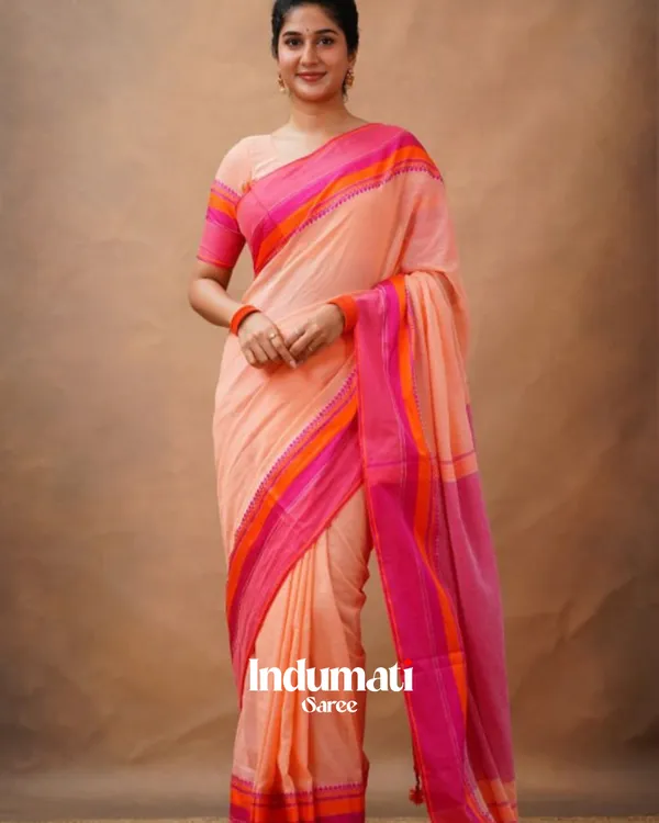 Peach_Pink_Mulmul__Cotton_Saree_with_Vibrant_Contrast_Border_&_Blouse_Piece