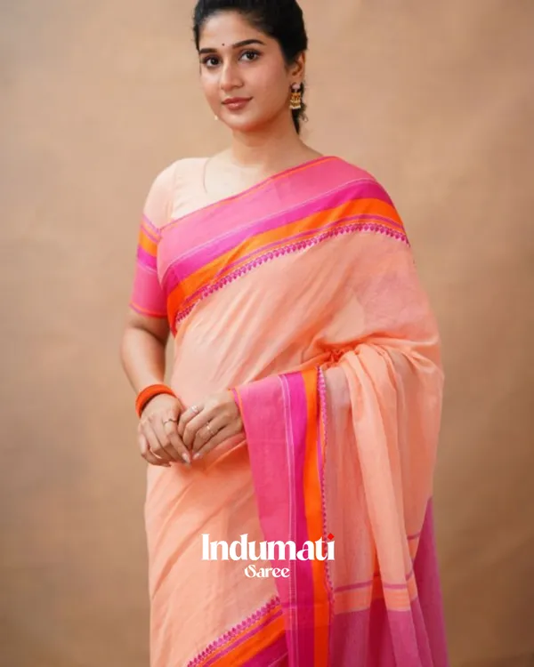 Peach_Pink_Mulmul__Cotton_Saree_with_Vibrant_Contrast_Border_&_Blouse_Piece