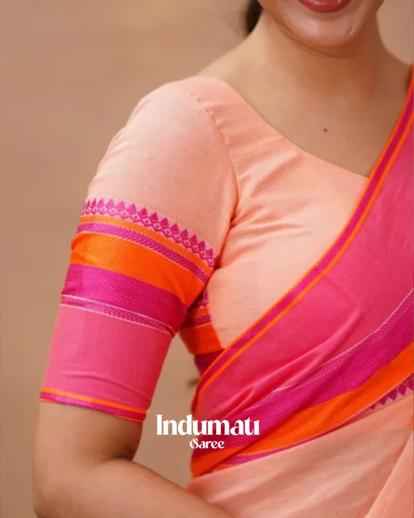 Peach_Pink_Mulmul__Cotton_Saree_with_Vibrant_Contrast_Border_&_Blouse_Piece
