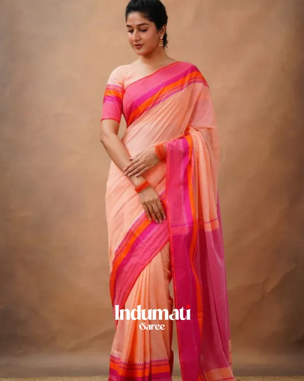 Peach_Pink_Mulmul__Cotton_Saree_with_Vibrant_Contrast_Border_&_Blouse_Piece