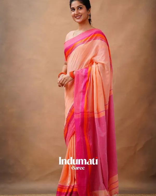 Peach_Pink_Mulmul__Cotton_Saree_with_Vibrant_Contrast_Border_&_Blouse_Piece