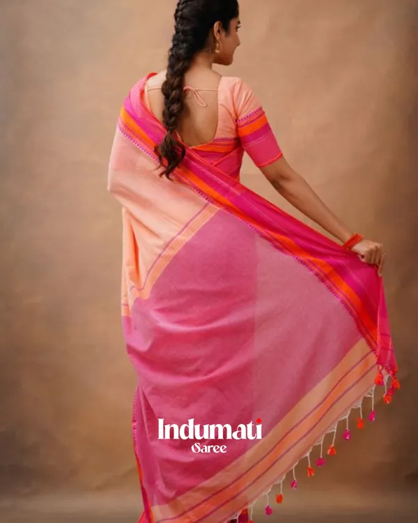 Peach_Pink_Mulmul__Cotton_Saree_with_Vibrant_Contrast_Border_&_Blouse_Piece
