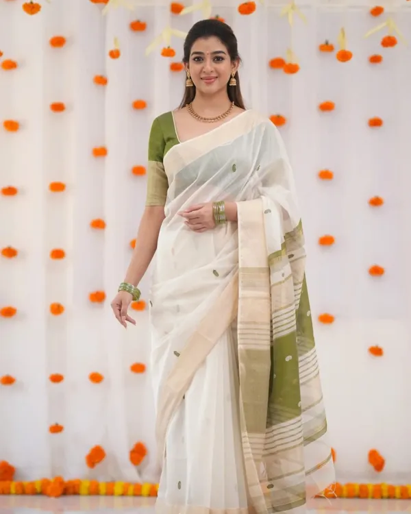 White_Color_Recent_Release_Soft_Banarasi_Silk_Saree_with_Classy_Green_Color_Blouse_Piece